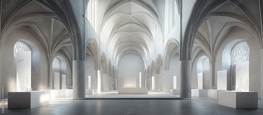Naklejka premium A Large Interior Features Arches Columns and Clean White Walls