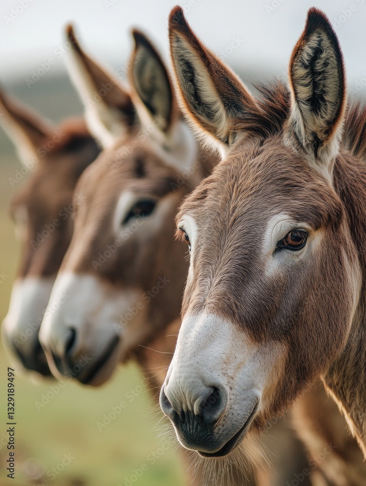 Fototapeta premium Donkeys Grazing for Rural Field Portrait.