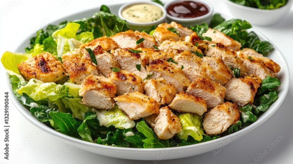 A high-angle view of chicken Caesar salad, focusing on the interplay of textures--crunchy, creamy, and tender A high-angle view of chicken Caesar salad, focusing on the interplay of textures--crunchy, creamy, and tender