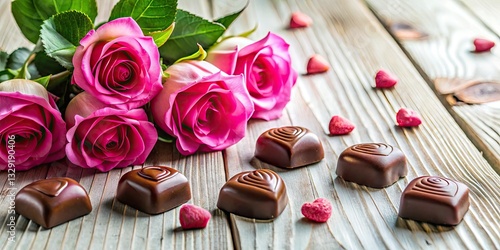 Capture love's essence: Chocolate hearts and pink roses bloom in a stunning Valentine's Day landscape.