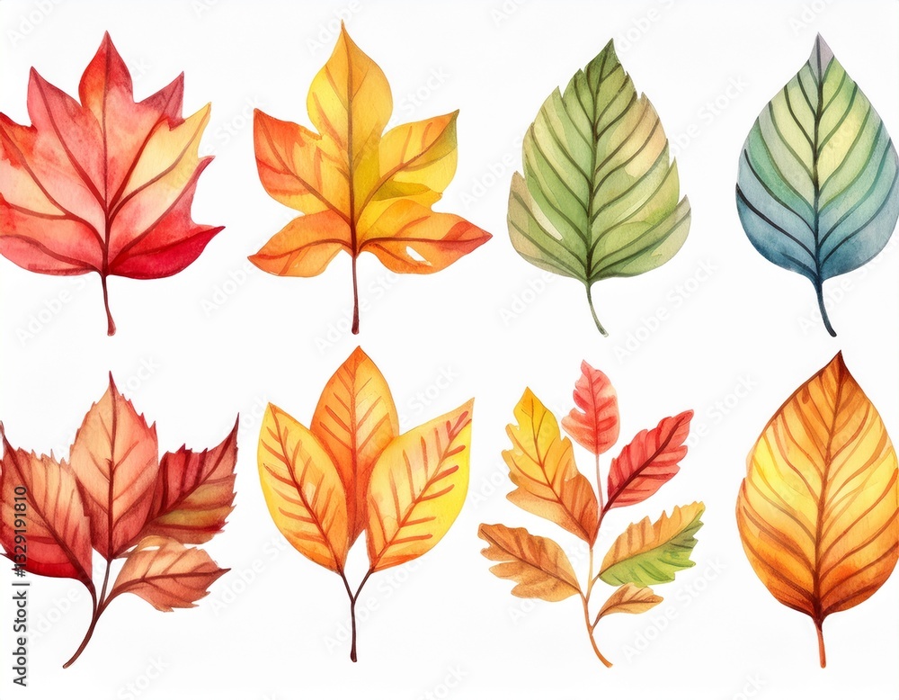 Generated image Autumn leaves watercolor set. Beautiful fall foliage. Seasonal decor. Botanical clipart Generated image Autumn leaves watercolor set. Beautiful fall foliage. Seasonal decor. Botanical clipart