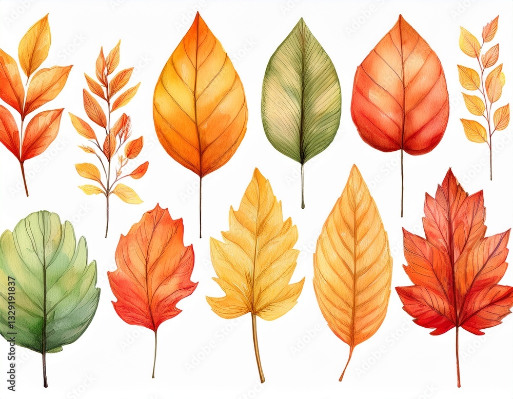 Obraz premium Generated image Autumn leaves watercolor set. Beautiful fall foliage. Seasonal decor. Botanical clipart
