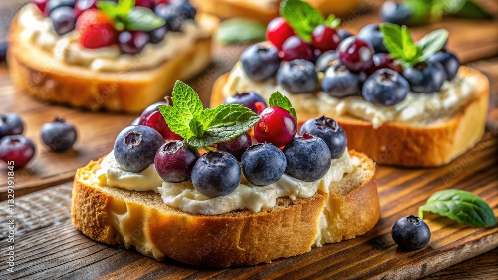 Close-up gourmet shot: creamy cheese and juicy blueberries on crispy baguette crostini. Close-up gourmet shot: creamy cheese and juicy blueberries on crispy baguette crostini.