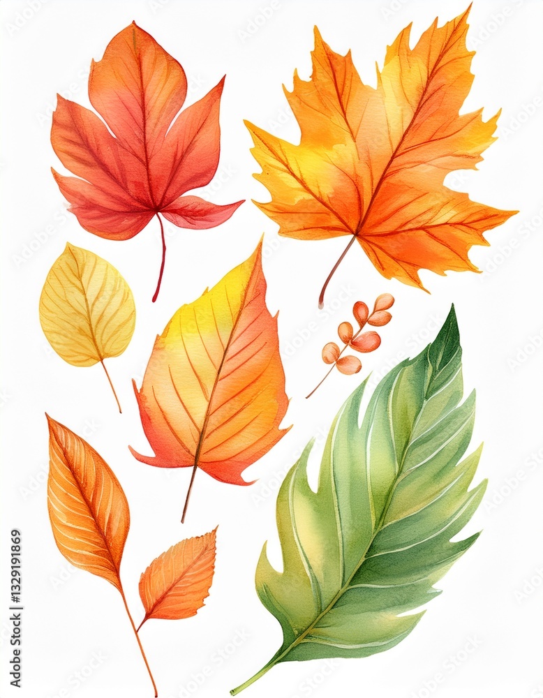 Obraz premium Generated image Autumn leaves watercolor set. Beautiful fall foliage. Seasonal decor. Botanical clipart