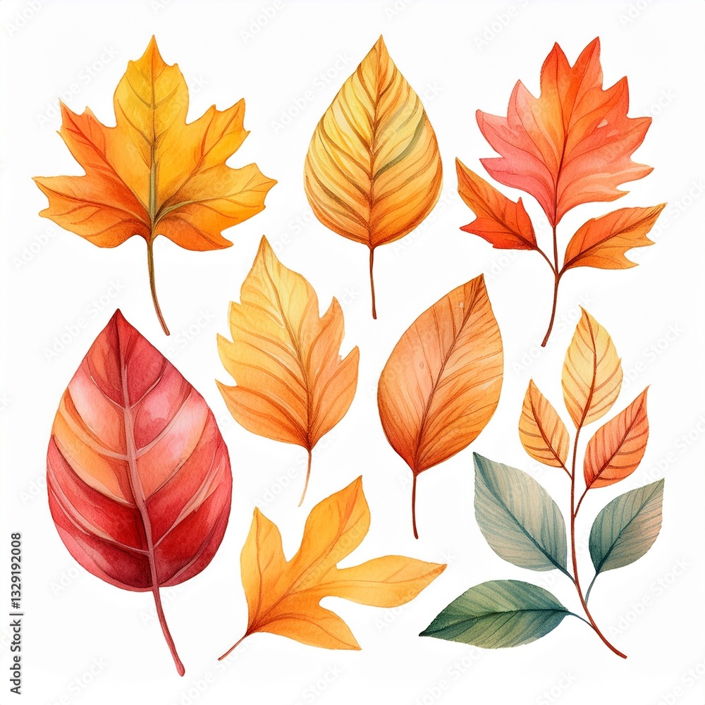 Obraz premium Generated image Autumn leaves watercolor set. Beautiful fall foliage. Seasonal decor. Botanical clipart