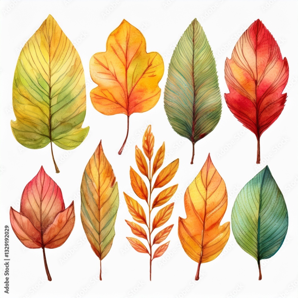 Fototapeta premium Generated image Autumn leaves watercolor set. Beautiful fall foliage. Seasonal decor. Botanical clipart