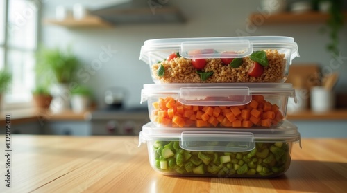 Stacked Meal Prep Containers With Grains, Vegetables, and Greens on Kitchen Counter Beside Fresh Tomatoes