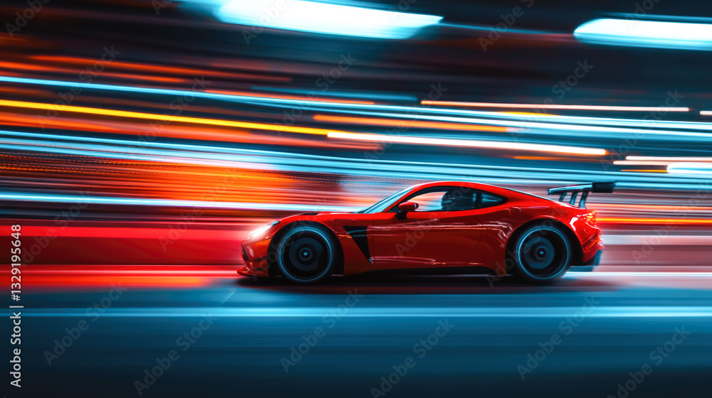 Obraz premium Sleek red sports car racing at high speed in vibrant neon cityscape
