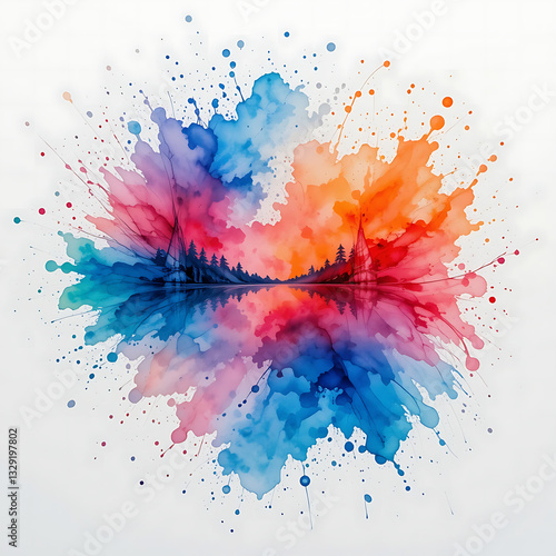 close up, colorful watercolor splash blends on a white background, a concept of creativity. Round Lake, Ontario watercolor painting. Colorful splash of red and blue watercolors on a white background
