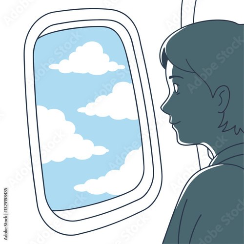 Person gazing out of an airplane window, serene mood, fluffy clouds and blue sky view