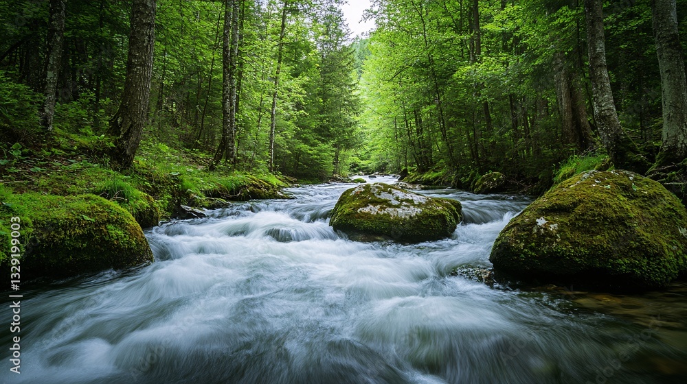 Serene rushing stream in an enchanted forest a tranquil nature scene
