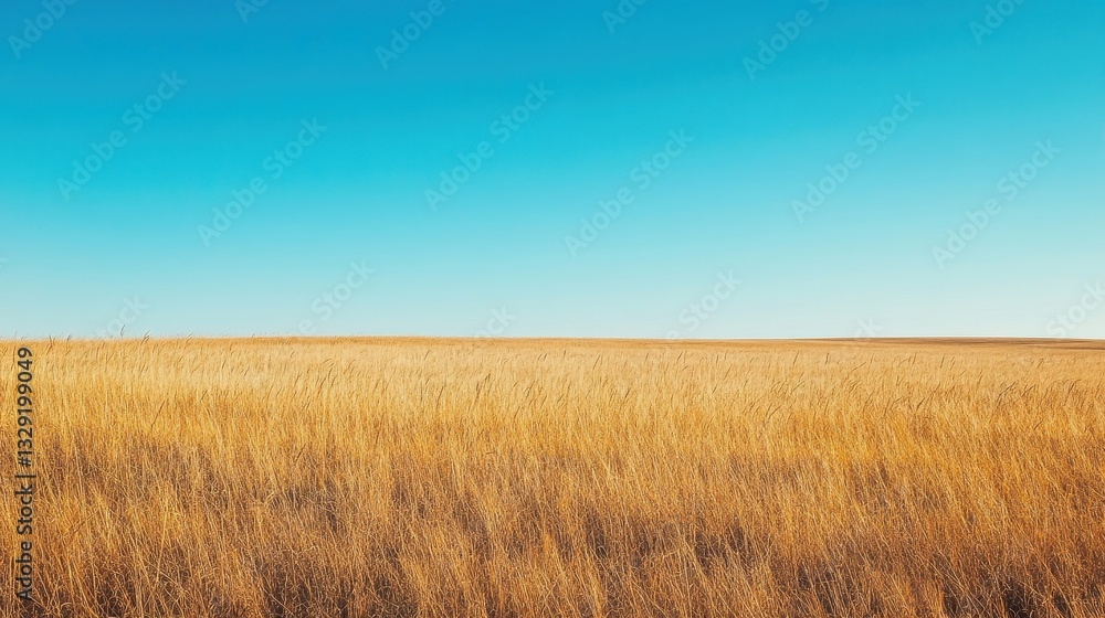 Tranquil Rural Landscape - Endless Open Field under Clear Azure Blue Sky with Golden Grass and Distant Horizon Tranquil Rural Landscape - Endless Open Field under Clear Azure Blue Sky with Golden Grass and Distant Horizon
