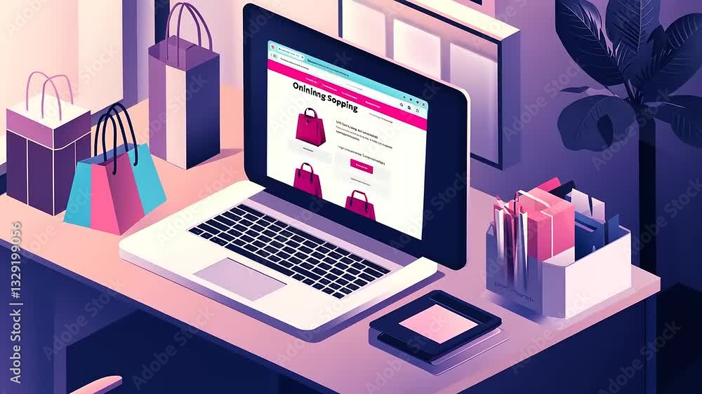 Modern workspace featuring a laptop displaying an online shopping site with colorful bags and stationery Modern workspace featuring a laptop displaying an online shopping site with colorful bags and stationery