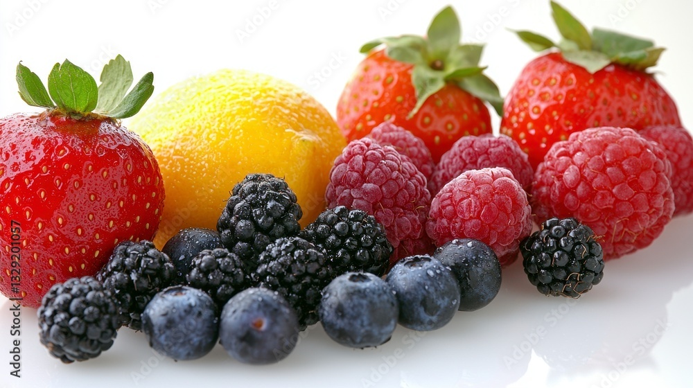 Assortment of fresh fruits beautifully arranged and isolated on a white background highlighting their natural colors and freshness Assortment of fresh fruits beautifully arranged and isolated on a white background highlighting their natural colors and freshness