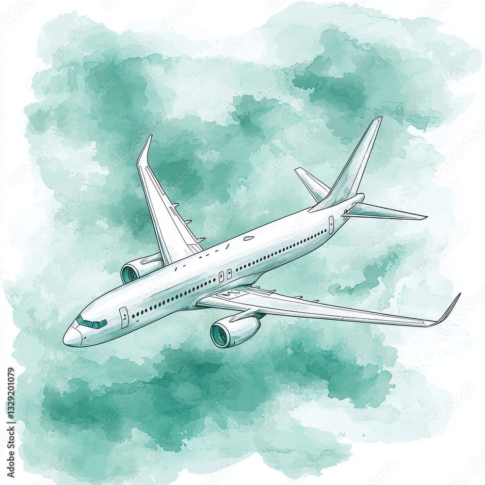 Obraz premium Stylized Illustration of Airplane Flying Above Soft Green Watercolor Background