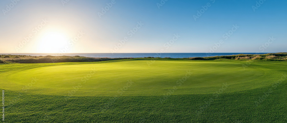 Obraz premium panoramic view of golf course under bright sunlight with clear blue sky, showcasing lush green grass and serene ocean backdrop