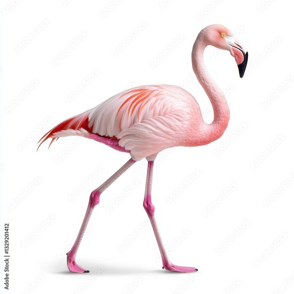 Fototapeta premium Pink Flamingo on White Background Profile View of Elegant Bird