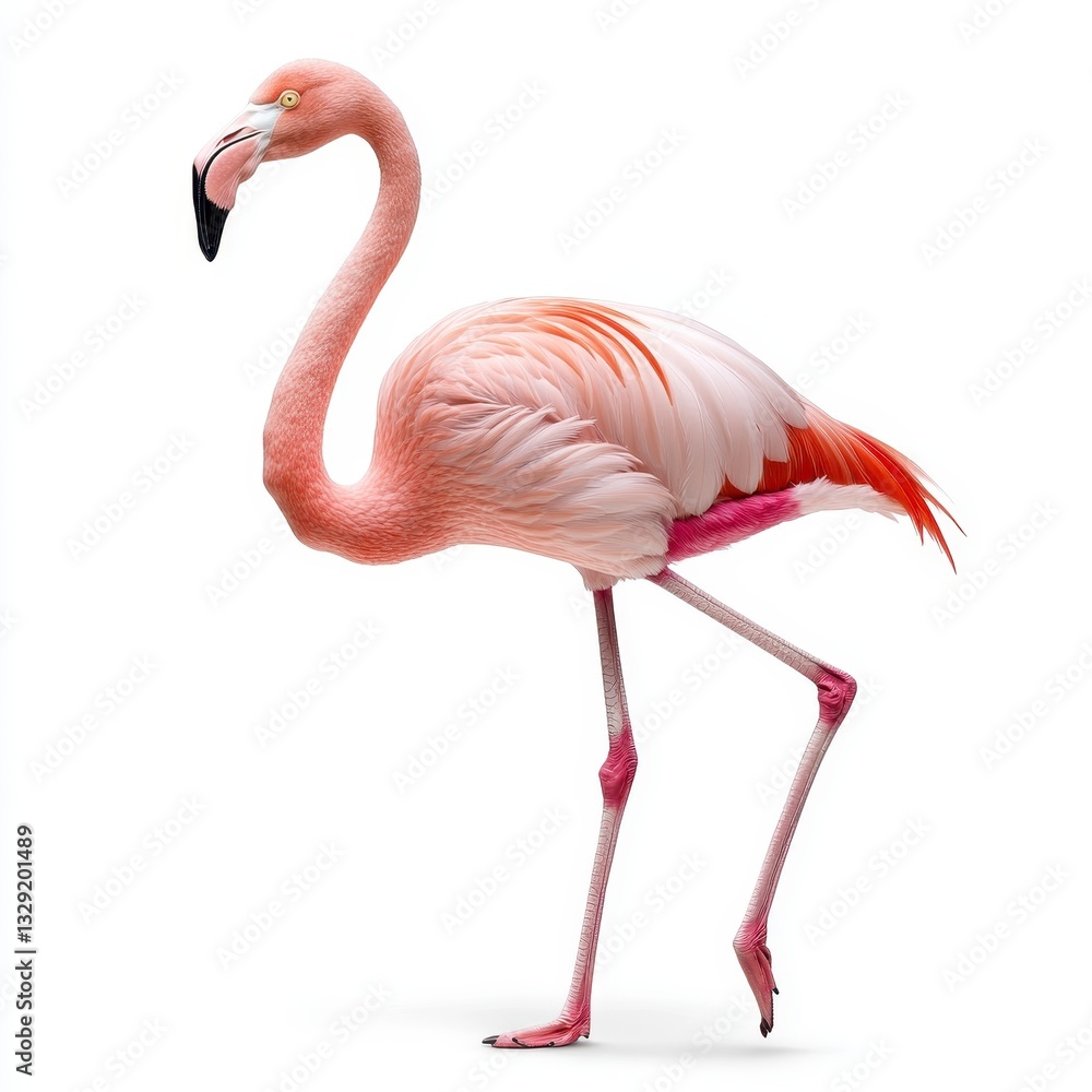 Fototapeta premium Pink Flamingo Standing on One Leg Against White Background