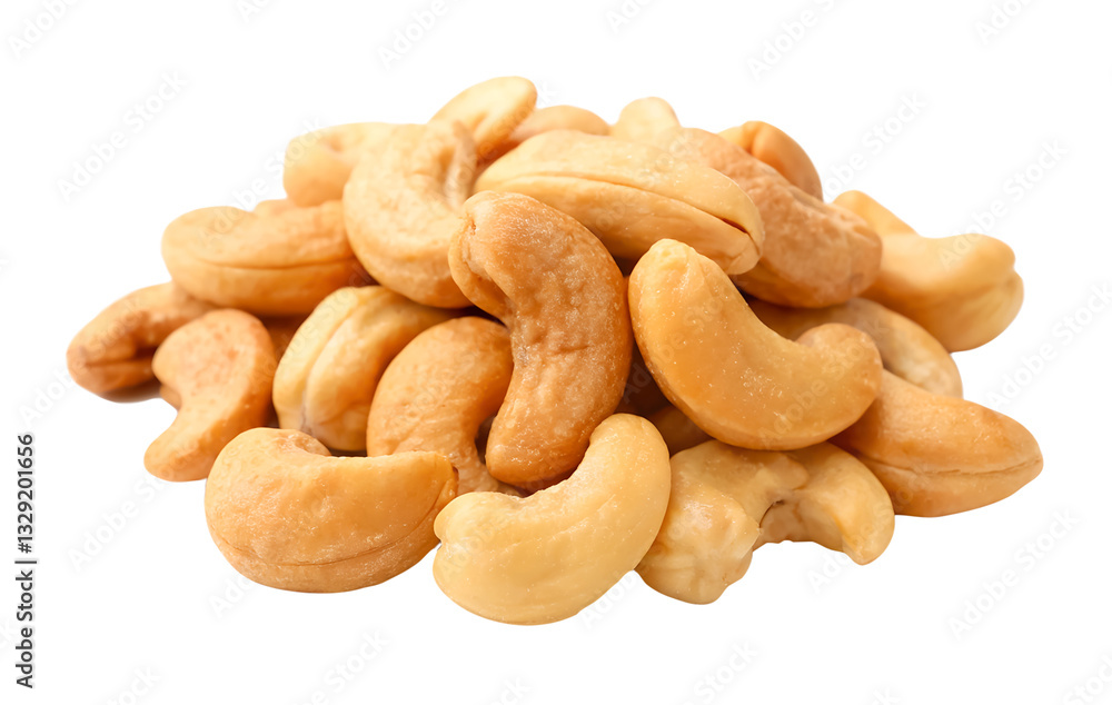 A pile of salt baked cashew nuts isolated on white background generated with AI A pile of salt baked cashew nuts isolated on white background generated with AI