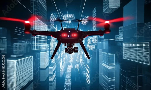 A drone is flying through a cityscape with a futuristic feel