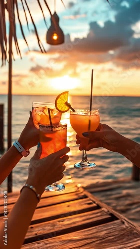 Hands toasting with cocktails at sunset by the sea