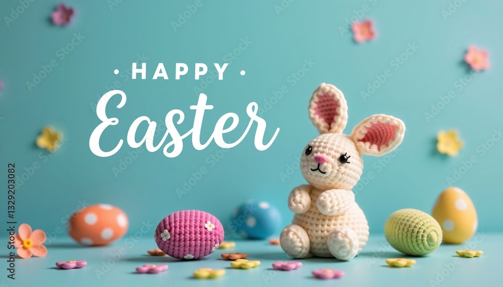 Happy Easter with Crochet Bunny and Eggs, Spring Holiday