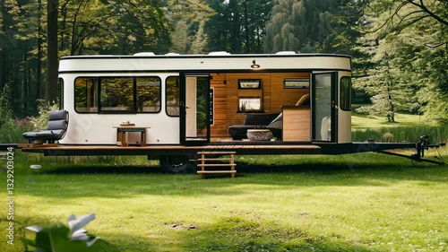 White camper trailer opens its side door, revealing a cozy interior