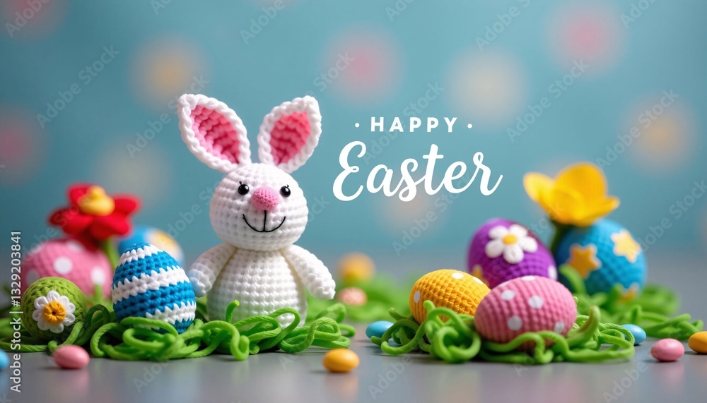 Happy Easter with Crochet Bunny and Eggs, Spring Holiday
