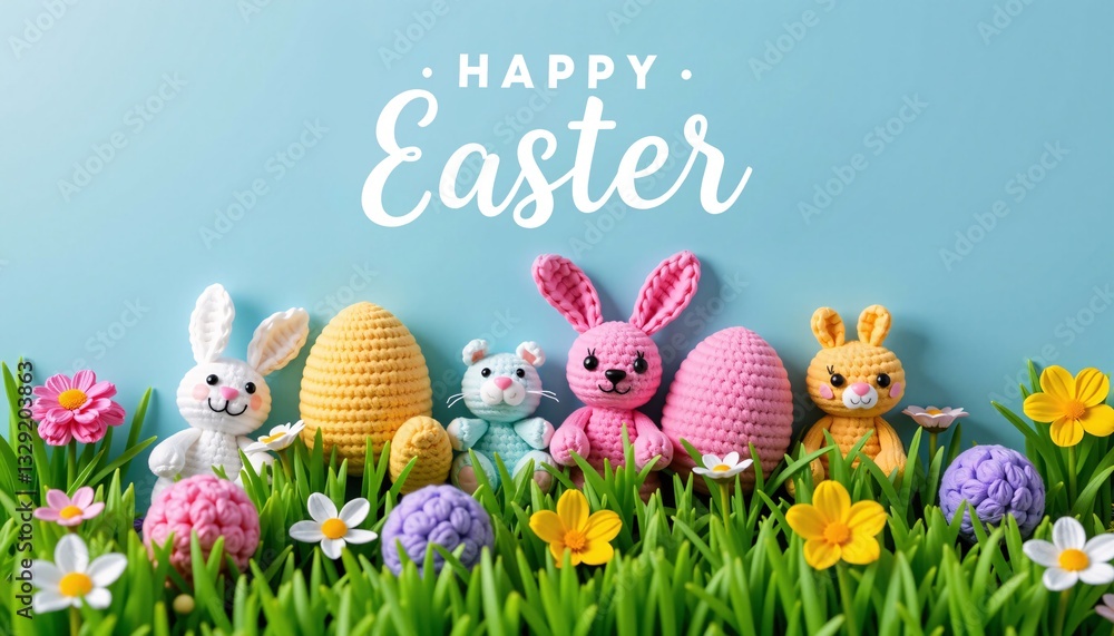 Happy Easter with Amigurumi Bunnies and Eggs, Spring Holiday