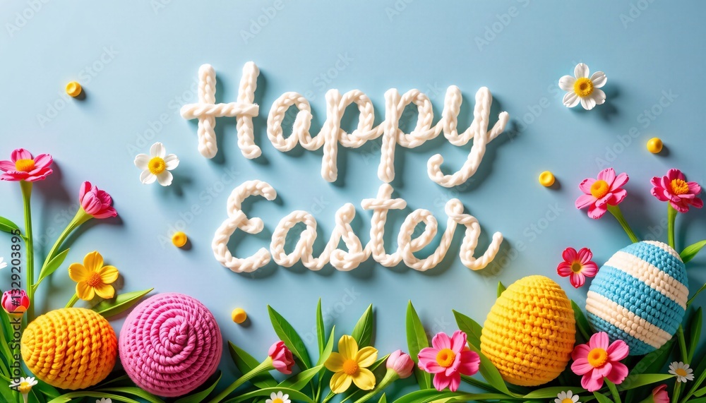 Happy Easter with Knitted Letters and Eggs, Spring Holiday