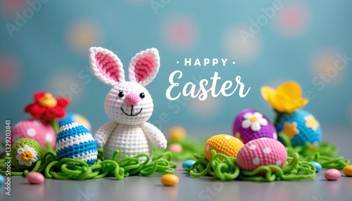 Obraz na płótnie Happy Easter with Crochet Bunny and Eggs, Spring Holiday w salonie