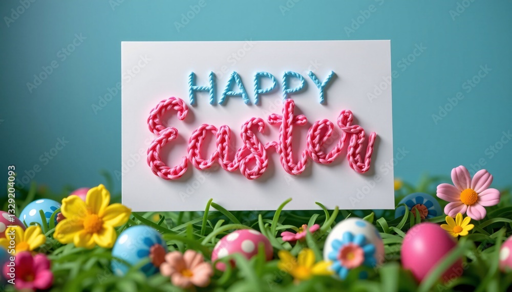 Happy Easter Greeting Card with Eggs and Flowers, Spring Celebration