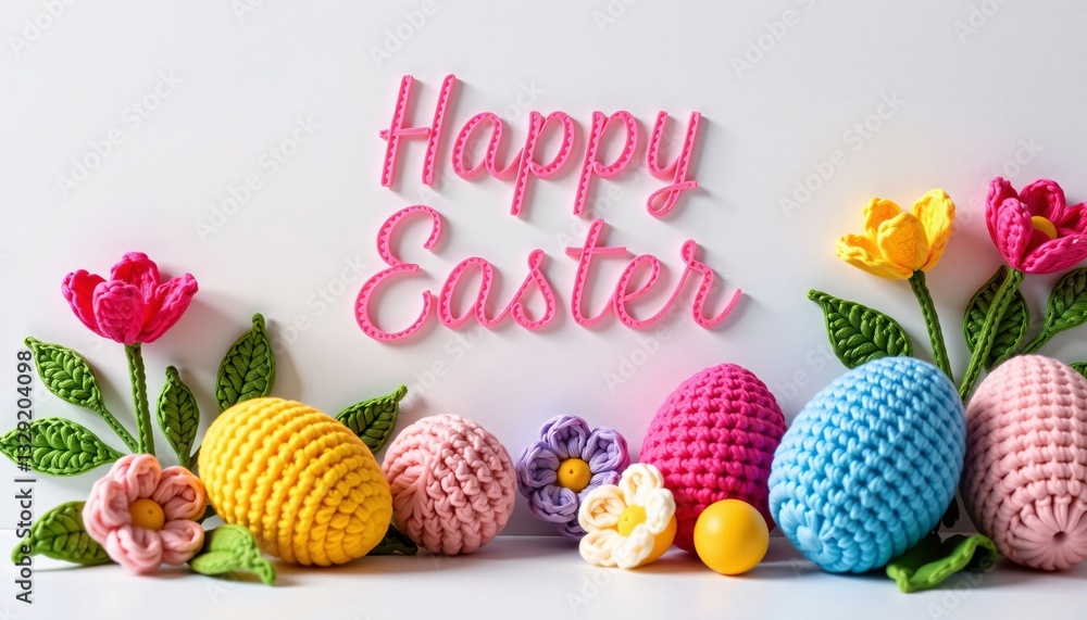 Happy Easter with Knitted Eggs and Flowers, Spring Celebration