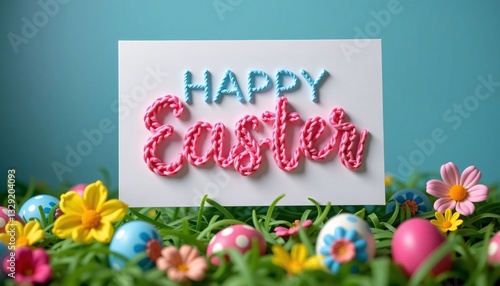 Obraz na płótnie Happy Easter Greeting Card with Eggs and Flowers, Spring Celebration w salonie