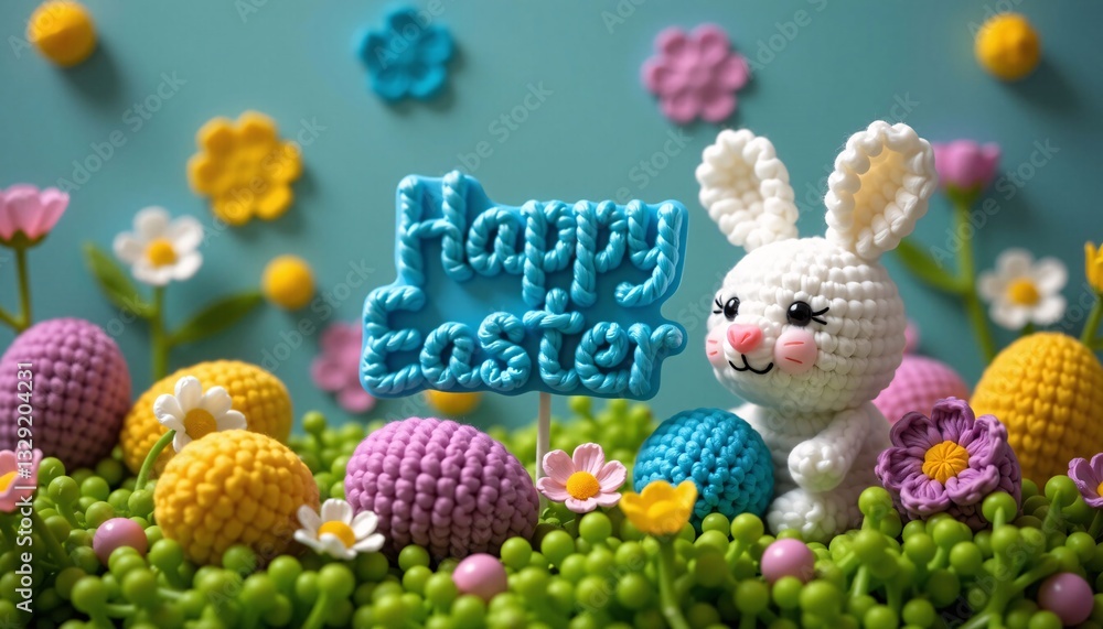 Crochet Happy Easter with Bunny, Eggs, and Flowers on Green