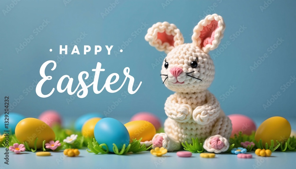 Crochet Easter Bunny with Eggs and Flowers on Blue