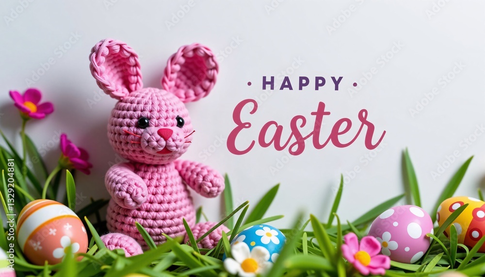 Crochet Easter Bunny with Eggs and Flowers on Green