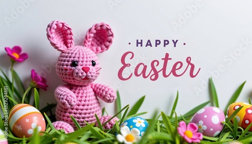 Obraz na płótnie Crochet Easter Bunny with Eggs and Flowers on Green w salonie