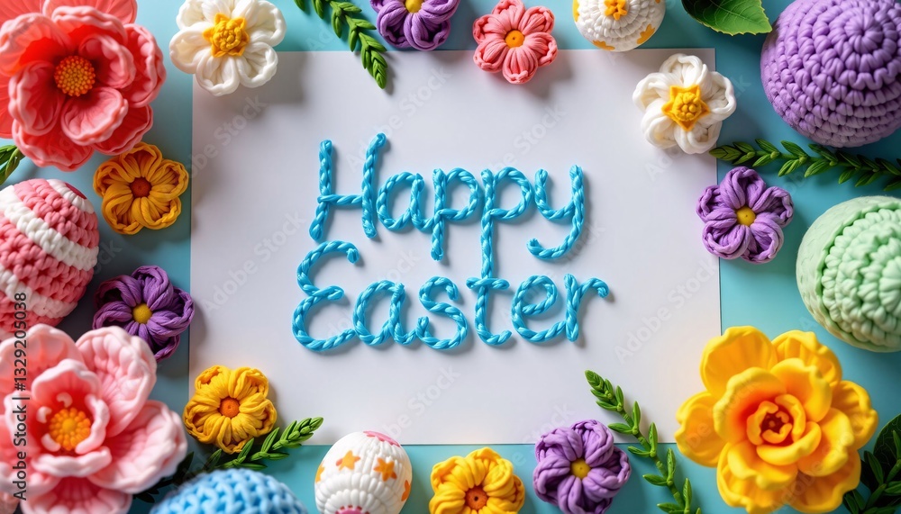 Crochet Happy Easter with Flowers and Eggs on White