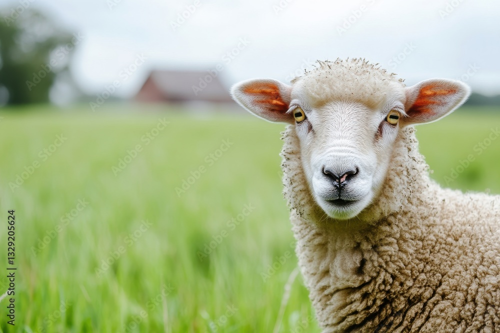 A thoughtful sheep looking up in a green field, surrounded by a tranquil rural landscape that evokes serenity. A thoughtful sheep looking up in a green field, surrounded by a tranquil rural landscape that evokes serenity.