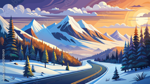 A winding snowy road leads through majestic mountains under a cloudy sky in a serene winter landscape