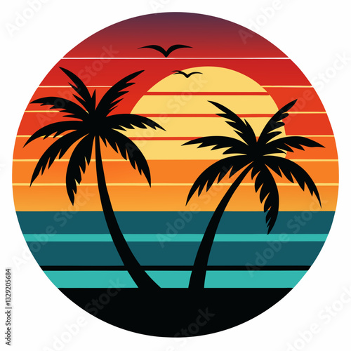 retro sunset beach palm trees  vector t shirt design