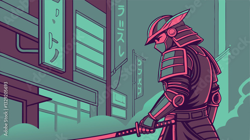 Cyberpunk Samurai Warrior with Futuristic Armor – Sci-Fi Character Vector