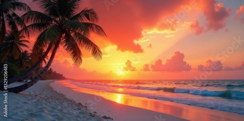 Fototapeta Naklejka Na Ścianę i Meble -  Fiery orange sunset paints sky above palm trees, white sand beach, ocean, sunset