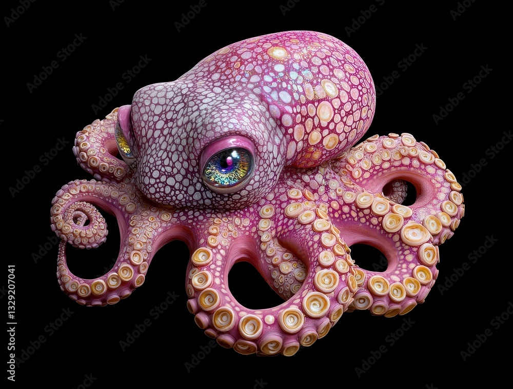 Obraz premium Pink Iridescent Octopus with Detailed Texture on Black Background