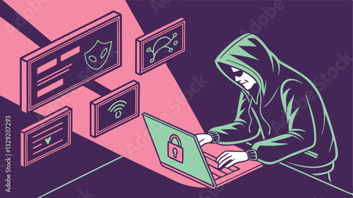 Futuristic Cyberpunk Hacker in a Neon-Lit Room – Digital Espionage Vector