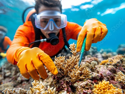 Fototapeta Naklejka Na Ścianę i Meble -  Scuba diver carefully planting coral underwater for reef restoration efforts