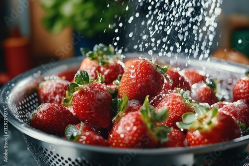 A close-up of freshly washed strawberries in a colander with water droplets glistening