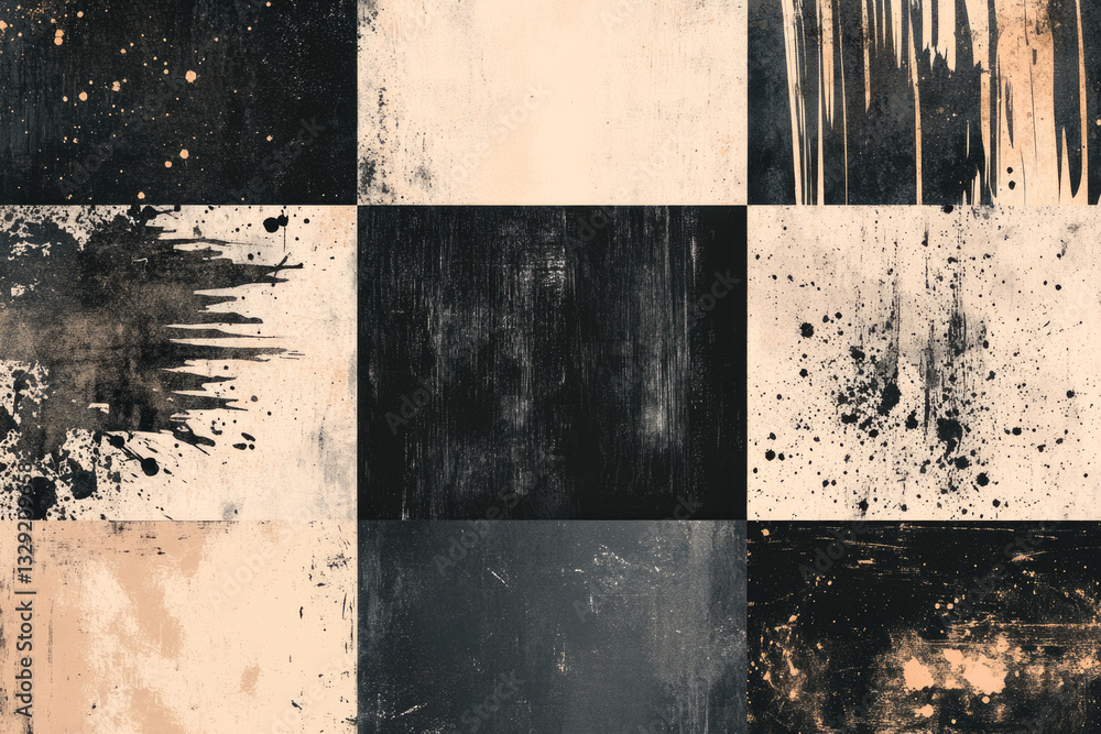Naklejka premium Abstract grunge texture pattern with black beige squares and artistic splatter elements