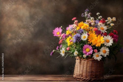 Wallpaper Mural A colorful bouquet of freshly picked wildflowers resting in a wicker basket, placed on a rustic wooden table Torontodigital.ca